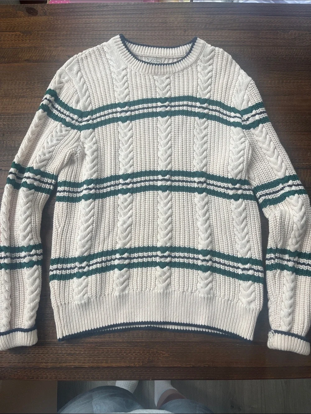 J. Crew Cream Cable Knit Crewneck with Green Stripes